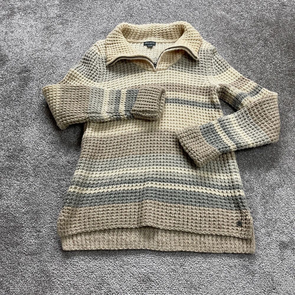 Eddie Bauer Chunky Knit Sweater Womens XS Beige 1/4 Zip Up Wool Camel Hair